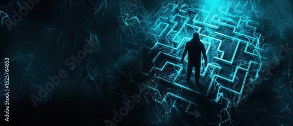 Obraz A lost silhouette stands in a blue noise-filled maze pattern with dark moody lighting.