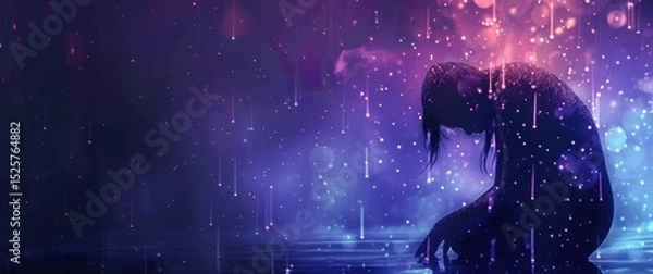 Obraz Hunched silhouette under glowing particle rain, dark purple and blue noise create an emotional, abstract scene.