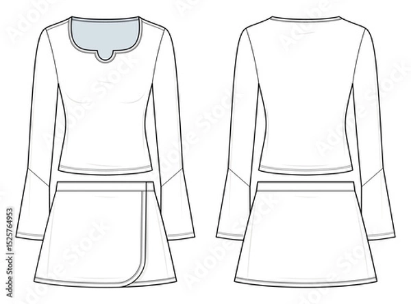 Fototapeta Scallop Notch-Neck Long Sleeve Top and Wrap Mini Skirt Set Technical Fashion Illustration. Women’s Two-Piece Outfit Vector Template. Matching Set. Front and Back View. Feminine Style. CAD Mockup Set.