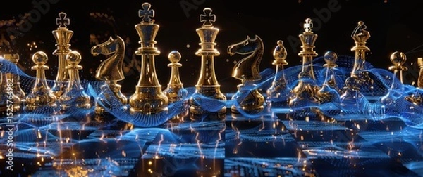 Obraz Golden chess pieces, a digital game, flow on glowing blue data streams, reflecting on the futuristic board abstract financial strategy.