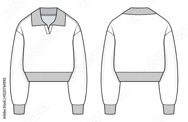 Fototapeta Cropped Rugby Sweatshirt Technical Fashion Illustration. Pullover Sweatshirt Vector Template. Front and Back View. Ribbed Hem and Cuffs. Relaxed Fit. Women’s Casualwear. CAD Mockup Set.