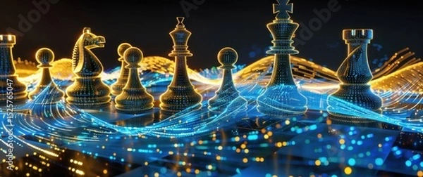 Obraz Futuristic chess pieces made of glowing data streams, blue and gold hues create a digital game board.