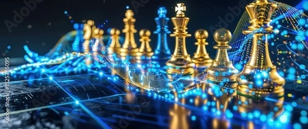 Obraz Glowing chess pieces emerge from financial data streams in shades of blue and gold a digital futuristic battlefield of strategy.