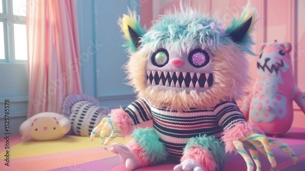 Obraz Kawaii pastel monster, zigzag teeth, sparkly eyes, fluffy fur, striped sweater, candy room, soft blur.