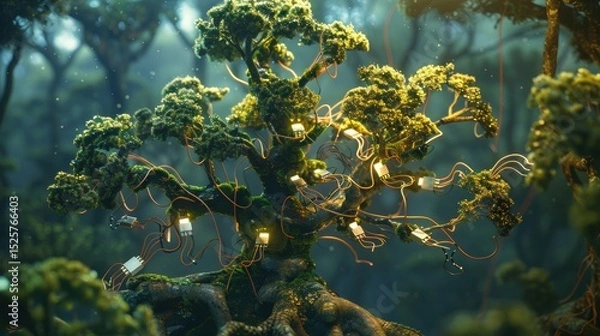 Obraz Mystical forest tree with USB branches & digital moss. Nature meets technology, volumetric lighting enhances the surreal connection.