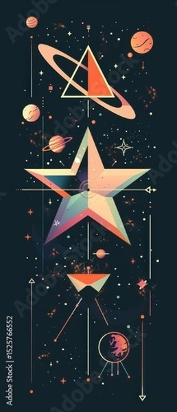 Fototapeta Geometric space featuring an angular cosmic entity with star-shaped edges, clean minimal style shadows and flat approach.