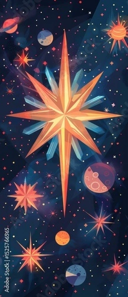 Fototapeta Flat geometric space art features angular cosmic entity with star-shaped edges, planets, clean minimal shadows in dark blue galactic canvas.