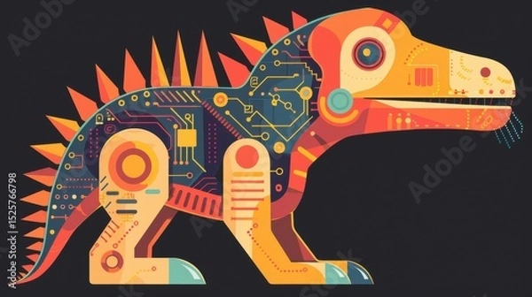 Obraz Geometric robot dinosaur with circuit details flat solid colors noise style minimal angular tech creature.