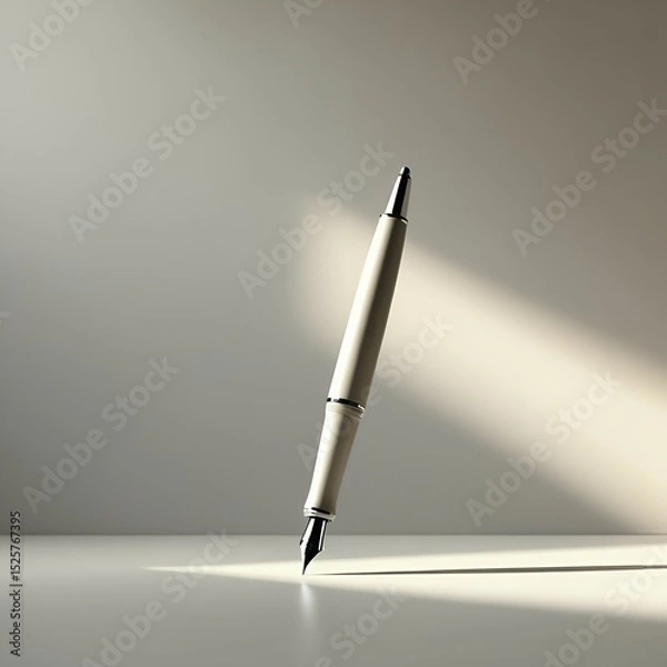 Fototapeta Elegant silver pen standing on white surface with soft natural light emphasizing style and sophistication