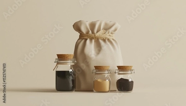 Fototapeta Nuts on transparent glass bulk jar container copy space beige background