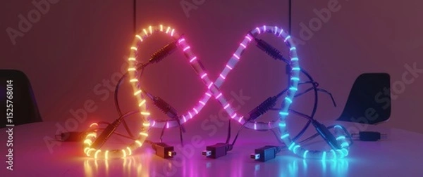 Fototapeta Cyberpunk cables form a DNA helix, glowing with data transfer visualization in vibrant studio light. Artistic tech meets genetic code.