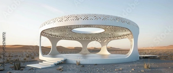 Obraz White circular pavilion with perforated dome in a desert landscape, Islamic-inspired contemporary architecture with geometric patterns.