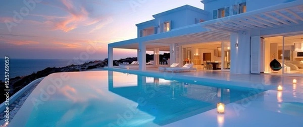 Obraz White coastal villa terraced levels infinity pools contemporary Mediterranean architecture sunset lighting.
