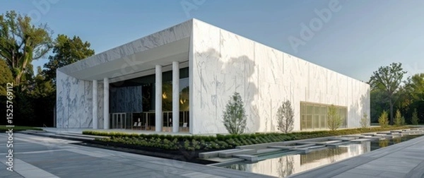 Obraz White marble museum facade, rhythmic columns, angular walls, integrated water feature, minimalist landscape design.