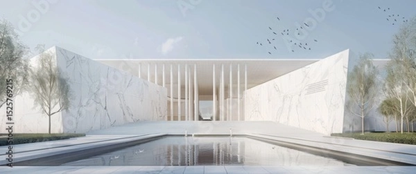 Obraz Marble museum facade with rhythmic columns, angular walls, water feature and minimalist landscape design.