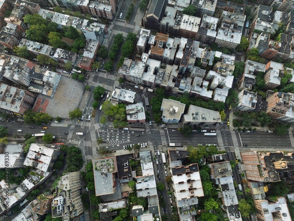 Obraz Top down aerial view of New York downtown buildings, city urban grid