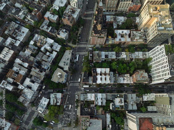 Obraz Top down aerial view of New York downtown buildings, city urban grid