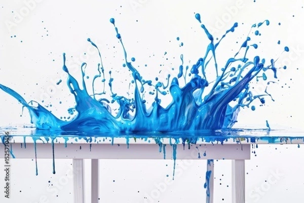 Obraz Bold blue liquid explodes atop a clean white workspace table, creating vibrant abstract patterns against the isolated background.