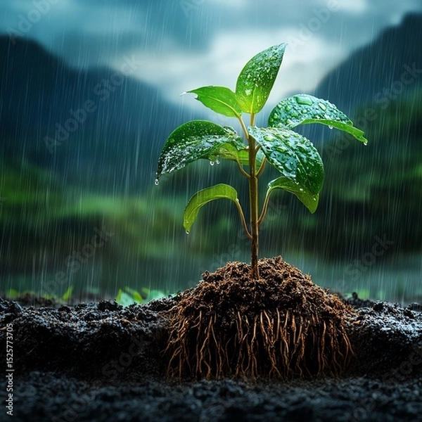 Obraz Seeds sprouting with strong roots battling the torrential rains and storms in a vivid landscape  high resolution   for isolate image