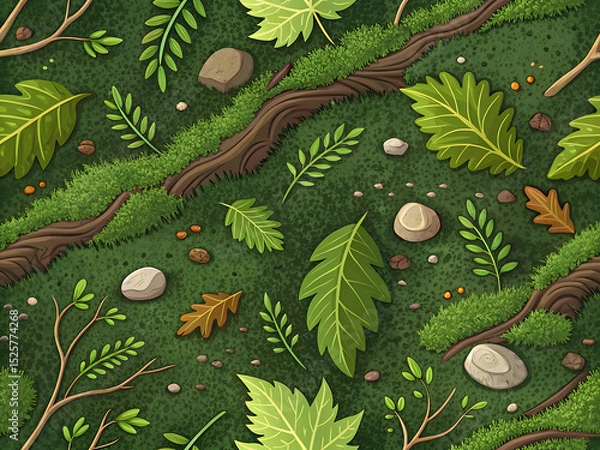 Obraz Cartoon Forest Floor Texture with Moss and Leaves