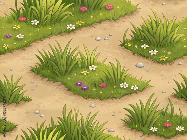 Obraz Stylized Grass with Flowers - Seamless Game Texture