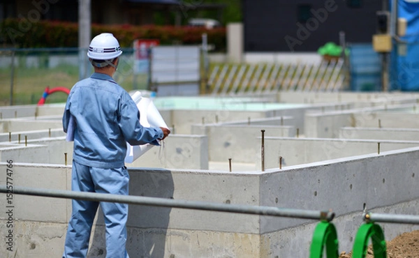 Obraz 住宅建築の基礎を点検する工事監督