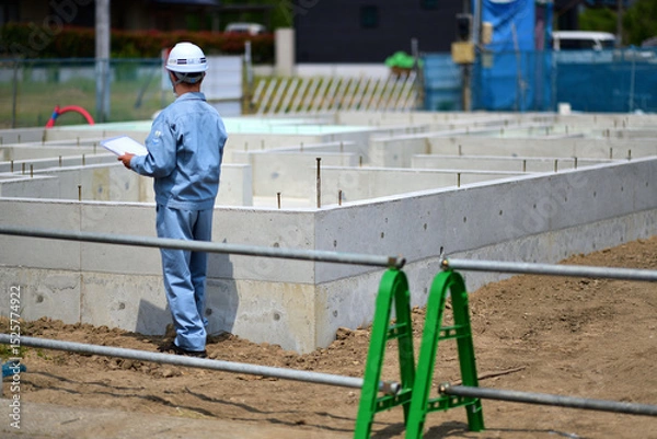 Obraz 住宅建築の基礎を点検する工事監督