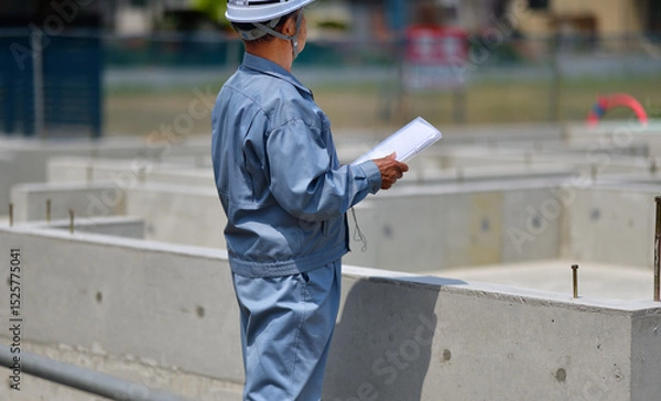 Obraz 住宅建築の基礎を点検する工事監督