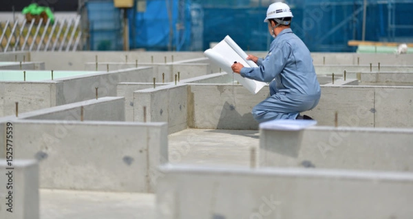 Obraz 住宅建築の基礎を点検する工事監督