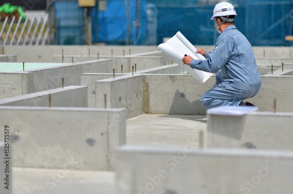 Obraz 住宅建築の基礎を点検する工事監督