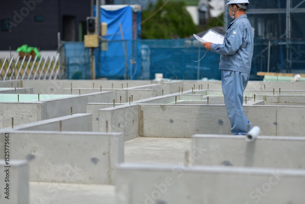 Obraz 住宅建築の基礎を点検する工事監督