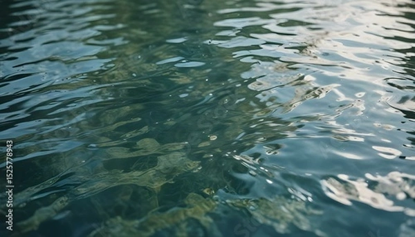 Fototapeta A summer scene featuring a tree's reflection in calm water, highlighting the texture of the leaves and ripples in the background