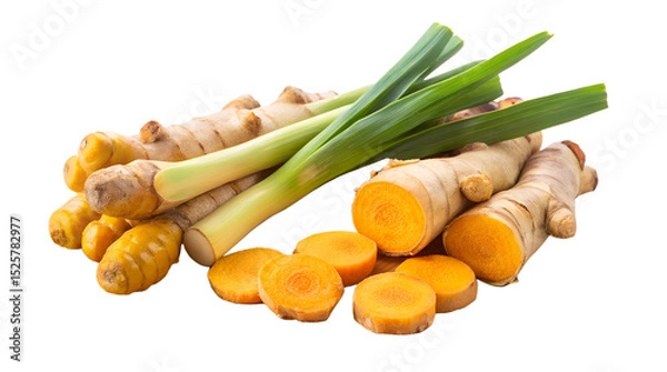 Obraz Fresh Turmeric Root & Lemongrass Slices on Rustic Chopping Board – Golden Spice Still Life, isolated on white. Generative AI