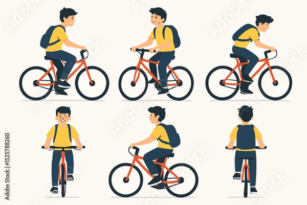Fototapeta vector set a teenager is riding a bicycle with a simple and minimalist flat design style, plain white background
