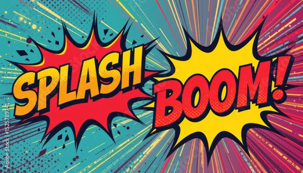 Fototapeta Pop art background featuring vibrant colors and comic style text, expressing excitement and energy