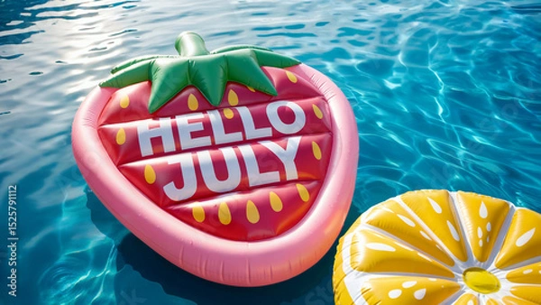 Obraz Hello July! A pink and red strawberry-shaped inflatable mattress with greeting text and yellow lemon-shaped pool float arranged in crystal-clear turquoise water. 