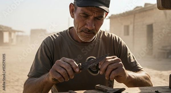 Fototapeta A Man Sharpening a Knife
