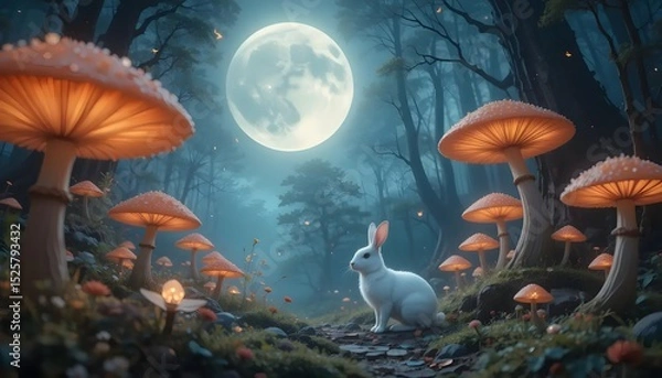Fototapeta A white rabbit sits in a forest of glowing mushrooms beneath a large bright moon
