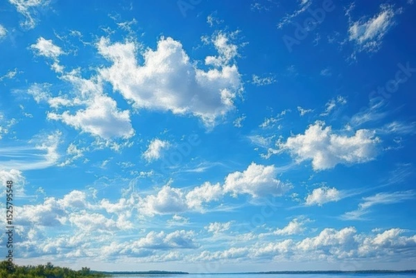 Fototapeta Expansive blue sky filled with scattered fluffy white clouds over a distant flat landscape with green vegetation under bright daylight