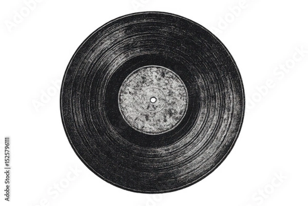 Fototapeta Black vinyl record with visible scratches and dust, isolated on transparent background, representing vintage music and analog sound