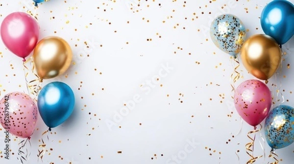 Fototapeta Colorful balloons and confetti on a light gray background