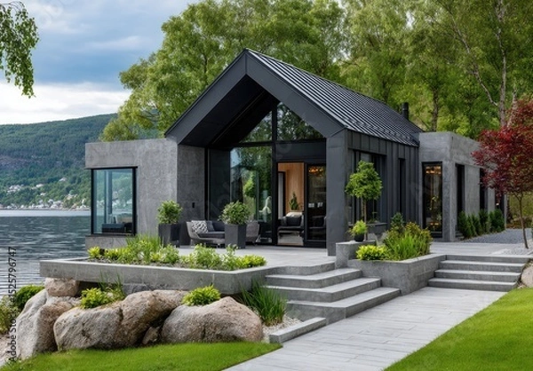 Fototapeta A modern house in Norway with an exterior wall of light grey painted smooth plaster, and a black roof with glass windows on the front facade
