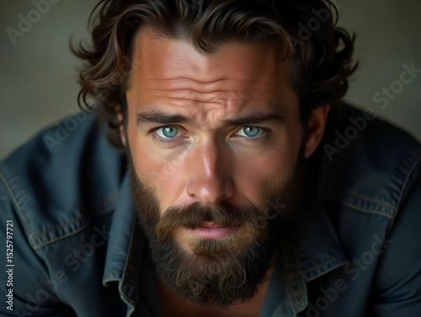 Obraz A rugged man with piercing blue eyes and a well-groomed beard gazes confidently at the viewer, exuding strength and masculinity in his facial features and distinct facial hair