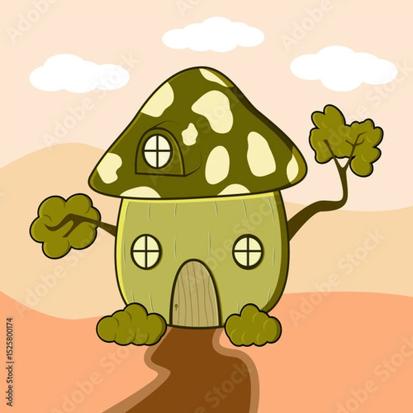 Fototapeta Mushroom house of fairytale design illustration, Cute mushroom house with windows, door, grass. creating a magical and whimsical fairy tale atmosphere