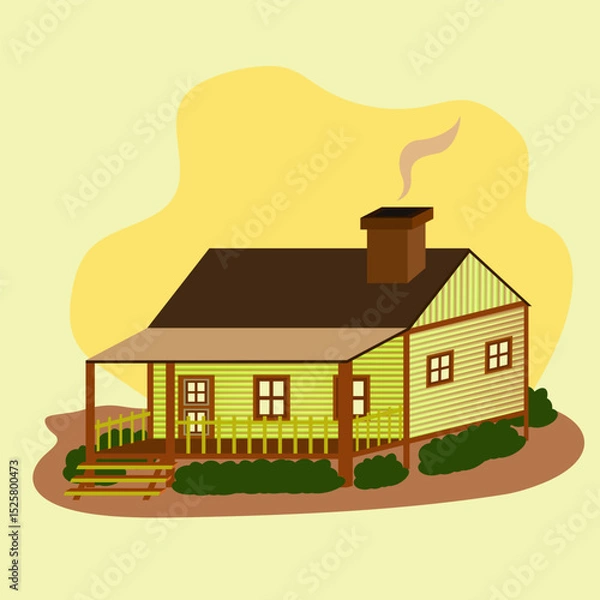 Fototapeta Cozy log cabin with smoke rising from chimney, Cottagecore Theme Style Village Home Template