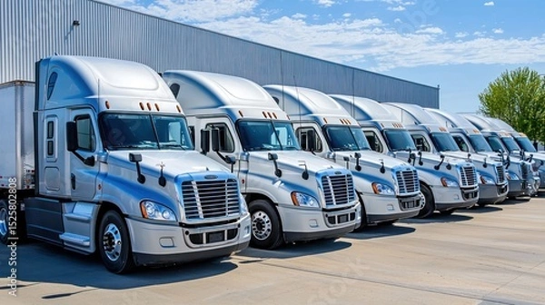 Fototapeta A fleet of white and gray semi-trucks parked in front of a gray industrial building with a blue sky and white clouds in the background.