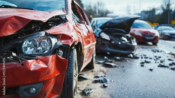 Fototapeta A red car with damaged front and rear end, on a wet road with other cars and traffic signs in the background.
