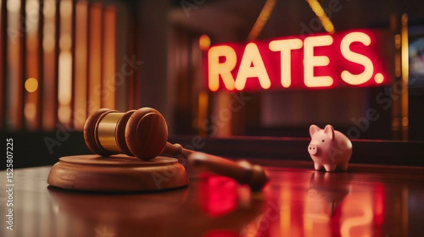 Obraz Gavel and piggy bank placed on desk in front of illuminated rates sign symbolizing finance and law