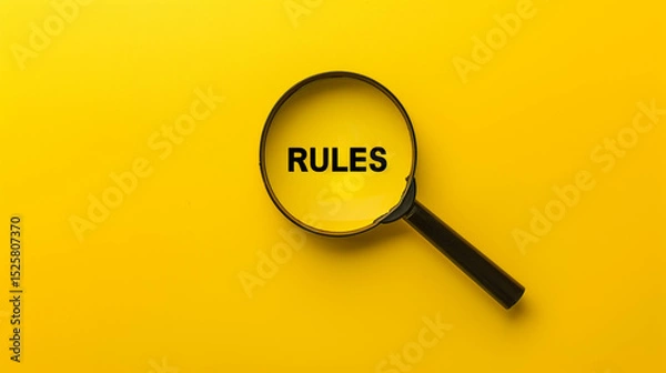 Obraz Magnifying glass focusing on the word “RULES” against vibrant yellow background