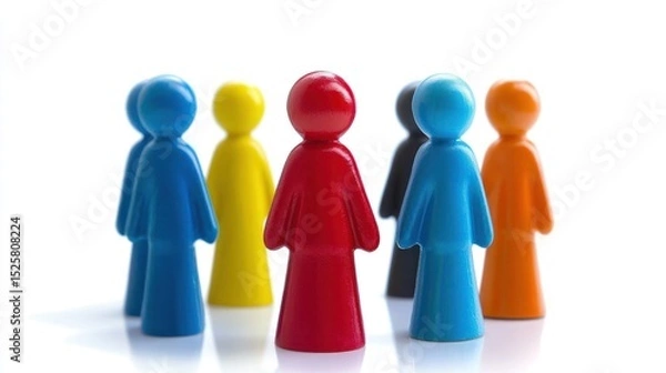 Fototapeta A red and blue figurine standing out from a group of yellow and black figurines against a white background.